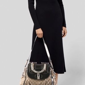 Gucci Beige/Grey Canvas and Leather Bamboo Satchel